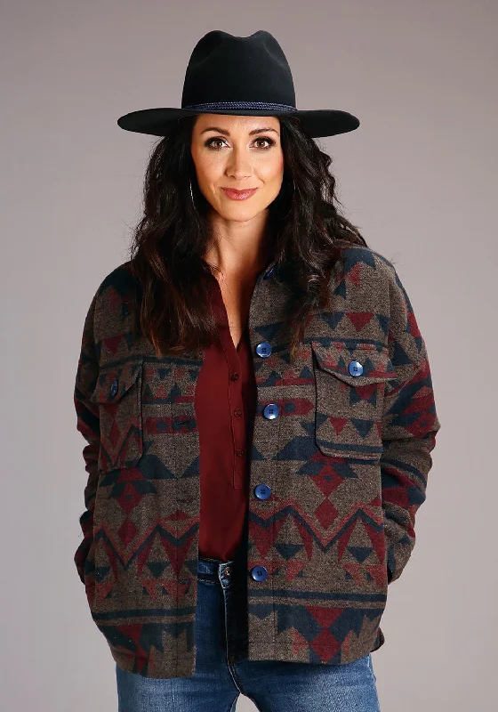 Stetson Womens Navy Multi Wool Blend Aztec Button Jacket Boat Neck Shawl Collar Notched Collar