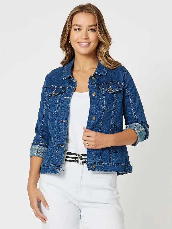 Collared Denim Jacket - Dark Denim A-Line Jacket Boat Neck Shawl Collar