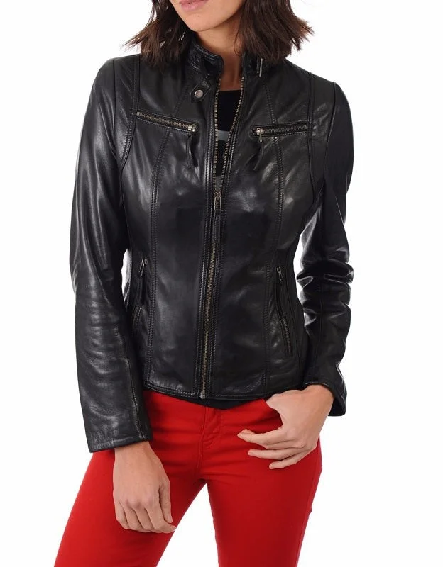 Authentic Black Lambskin Leather Jacket Welt Pockets Slit Pockets Flap Pockets