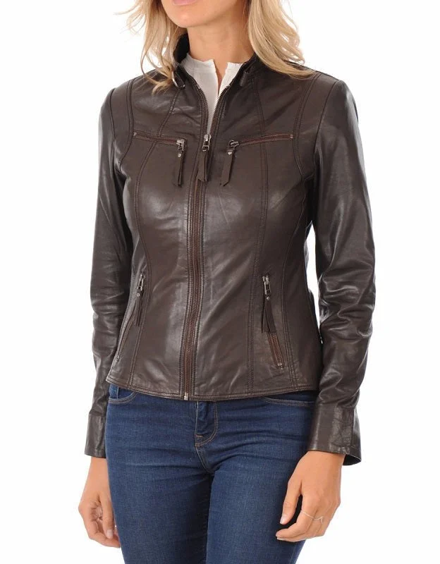 Essence Brown Leather Biker Jacket Stand-Up Collar Roll-Neck Collar Turtle Neck