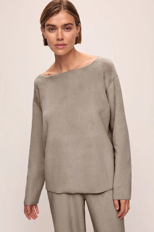 Reversible Plush Raw Edge Pullover One Shoulder Top