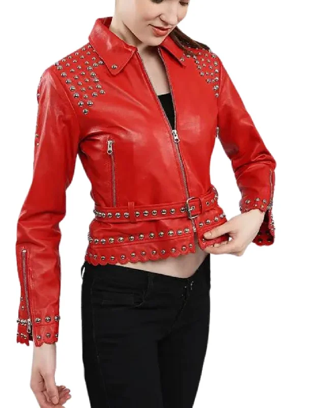 Bianca Studded Red Biker Leather Jacket Faux Fur Jacket Real Fur Jacket Shearling Jacket