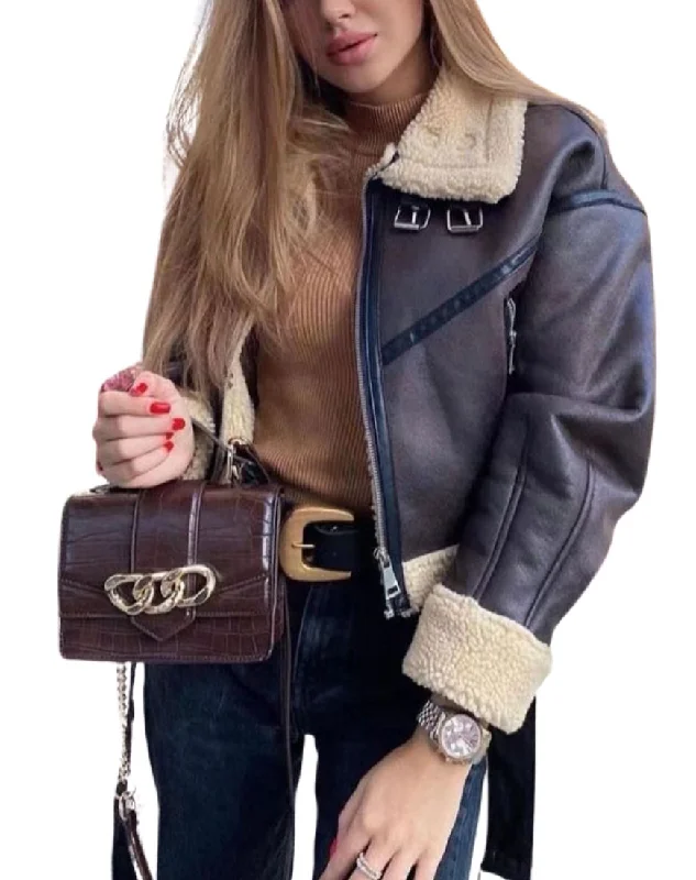 Elena Faux Shearling G-1 Brown Bomber Leather Jacket Front Herringbone Jacket Checkered Jacket Solid Jacket