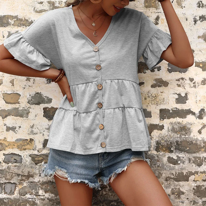 IKEARLAX New Cross-border popular New Summer Loose V-Neck Top Ruffle Edge Pullover Short Sleeve T-Shirt Women's Summer Honey Neck Pullover