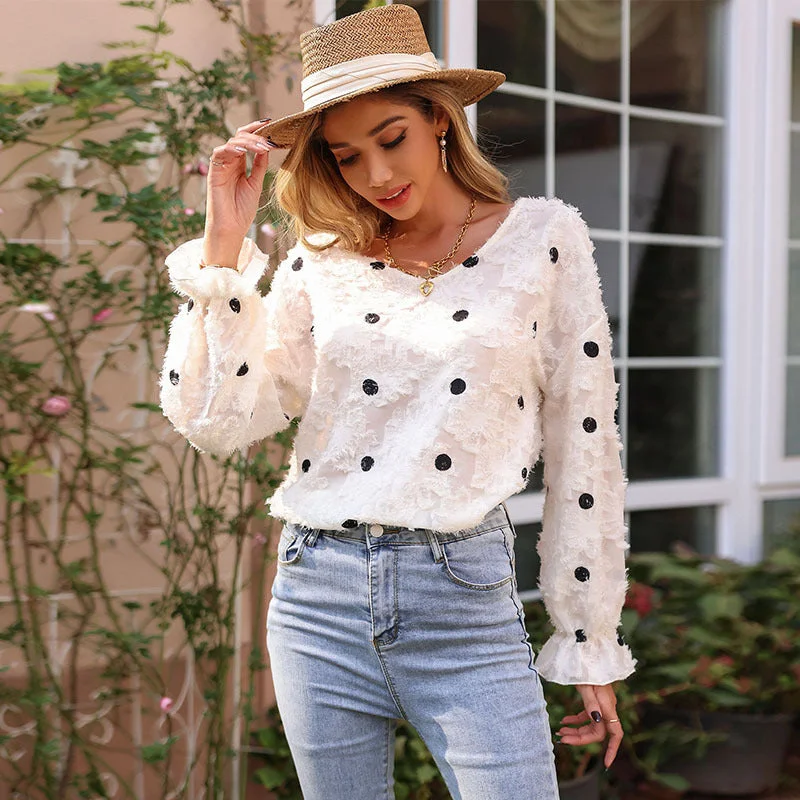 IKEARLAX New New Product popular Autumn 2025 Women's Top Chiffon Pullover Long Sleeve V-Neck Polka Dot Shirt Cowl Neck Pullover