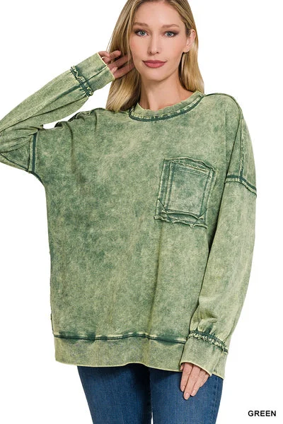 Green French Terry Acid Pullover Over Sleeve Pullover