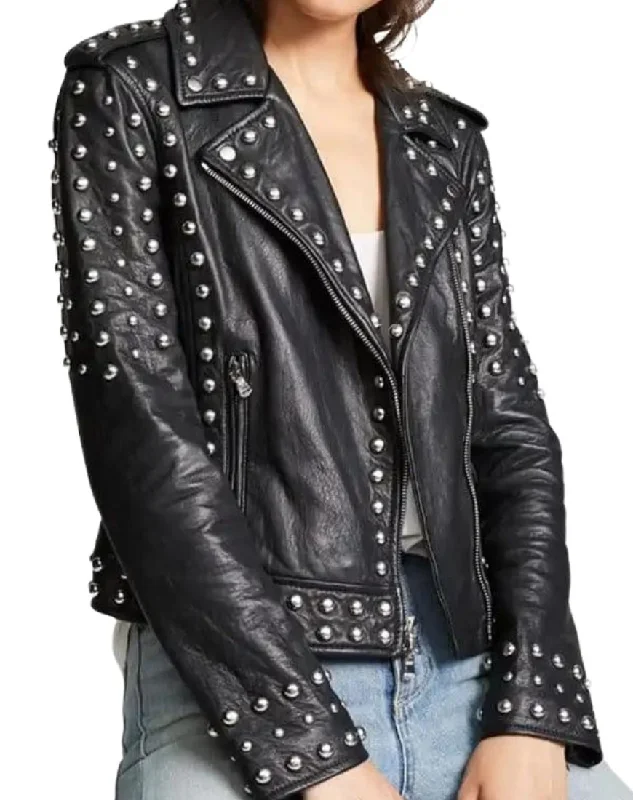 Raffaella Studded Black Biker Leather Jacket Denim Jacket Leather Jacket Suede Jacket