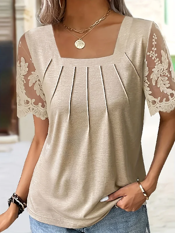 Long Length Elegant Contrast Lace Square Neck Short Sleeve T-Shirt - Soft Mid-Elastic Polyester Fabric, Solid Color, Pullover Style, Regular Fit, Ideal for Spring & Summer - Womens Clothing Boyleg Sleeve Pullover