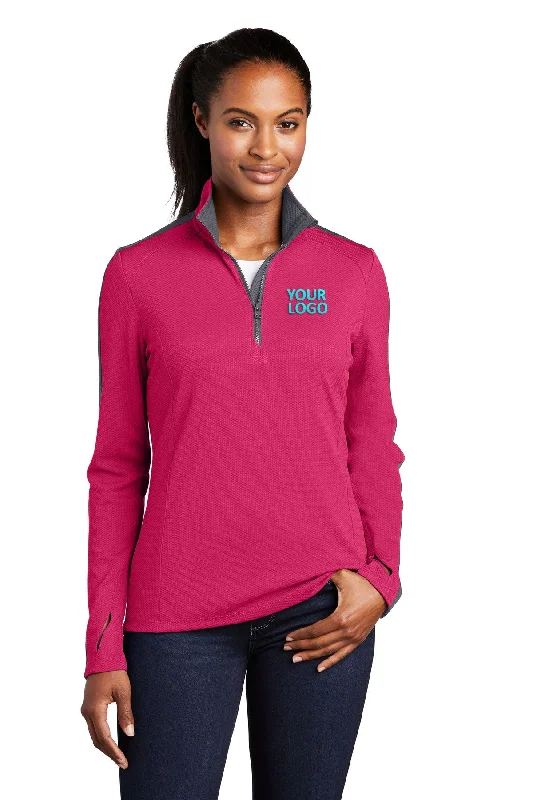 Sport-Tek Ladies Sport-Wick Textured Colorblock Customized 1/4-Zip Pullovers, Pink Raspberry/ Iron Grey Solo Sleeve Pullover