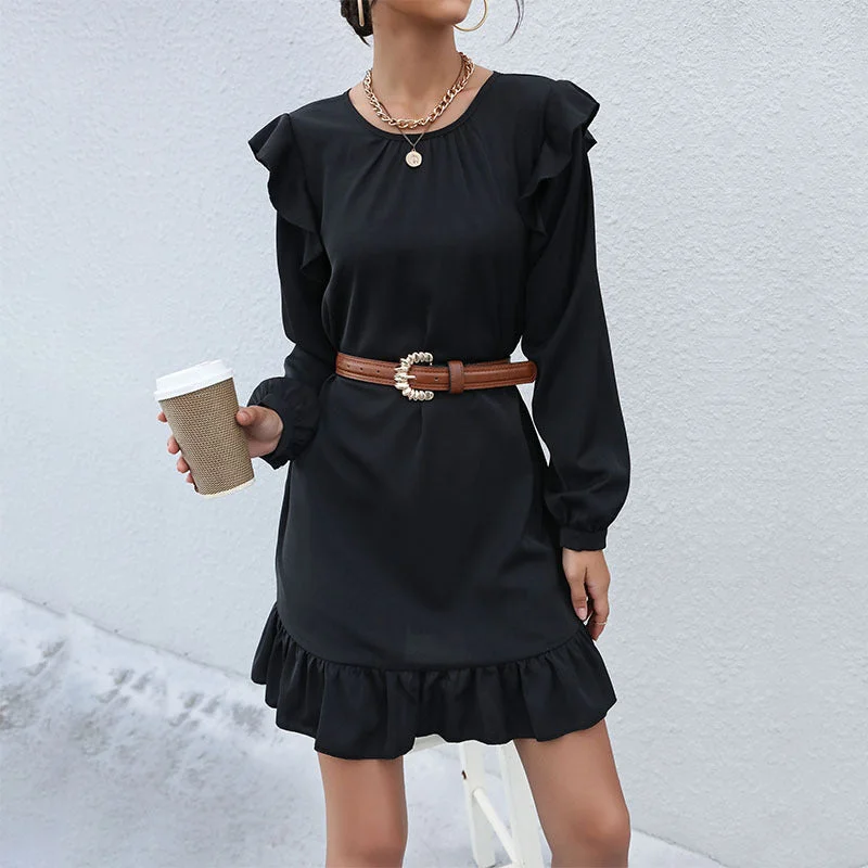 IKEARLAX   Autumn  Women's Clothing Loose Black Long Sleeve Crew Neck Pullover Ruffle Dress Spaghetti Sleeve Top