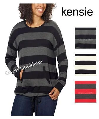 Kensie Womens French Terry Crew Pullover Striped Shirt Box Sleeve Comfort