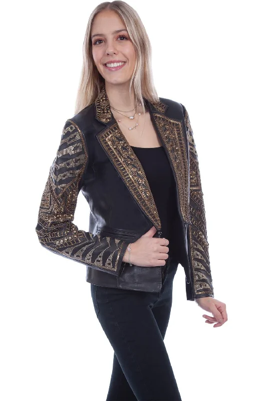 Scully Womens Black Lamb Leather Beaded Blazer Jacket Knit Jacket Woven Jacket Fleece Jacket