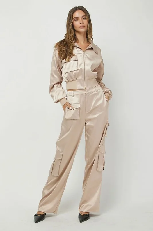 Satin Cropped Bomber Jacket & Cargo Trousers Set Wool Jacket Cashmere Jacket Tweed Jacket