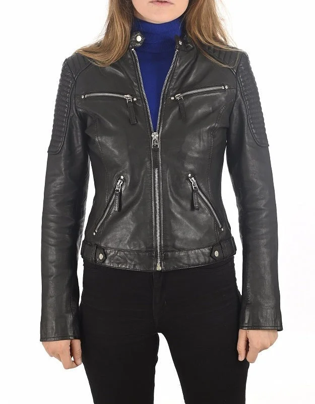 Zephyr Black Leather Biker Jacket Boat Neck Shawl Collar Notched Collar