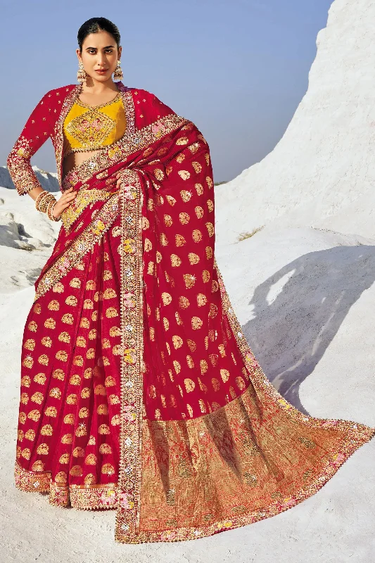 Classic Red Zari Georgette Saree With Jacket A-Line Jacket Boat Neck Shawl Collar