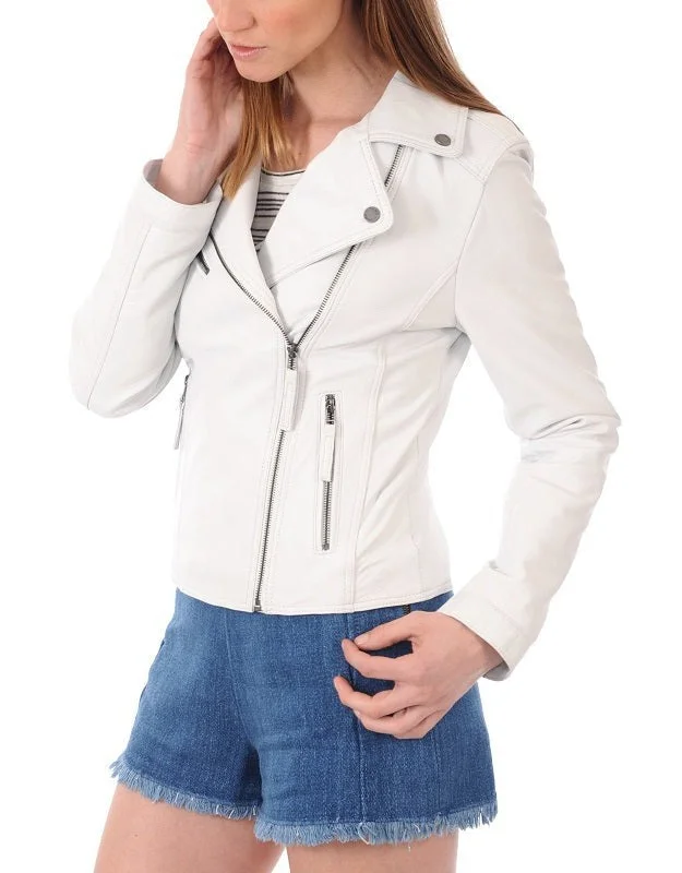 Oracle White Leather Biker Jacket Zip Front Button Front Snap Front