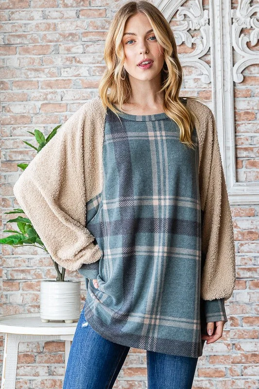 Jade Plaid Contrast Pullover Cold Shoulder Design