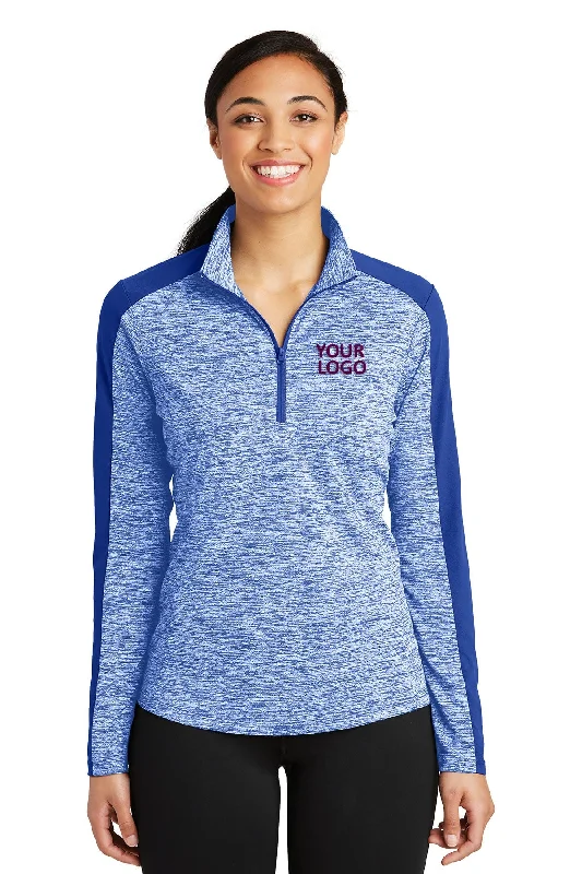 Sport-Tek Ladies PosiCharge Electric Heather Colorblock Custom 1/4-Zip Pullovers, True Royal Electric/ True Royal Bateau Neck Pullover