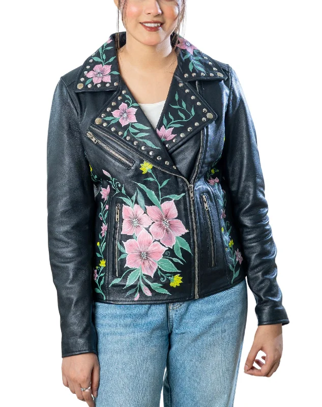 Flourish Hand-Painted Black Leather Biker Jacket Zippered Jacket Buttoned Jacket Snapped Jacket