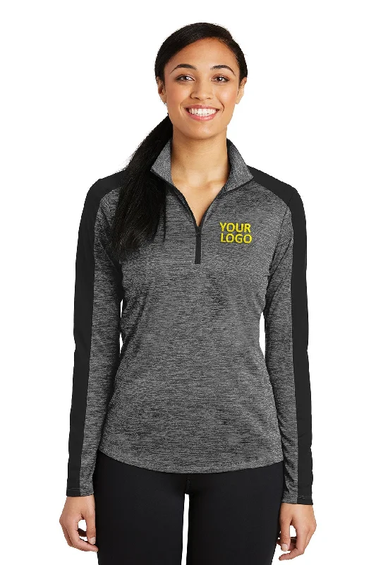 Sport-Tek Ladies PosiCharge Electric Heather Colorblock Customized 1/4-Zip Pullovers, Grey-Black Electric/ Black Besom Neck Pullover