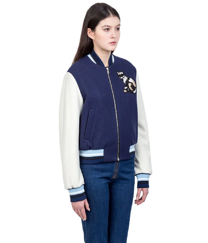 Navy Cat Appliqué Bomber Jacket (Sold out) Elasticated Jacket Padded Jacket Insulated Jacket