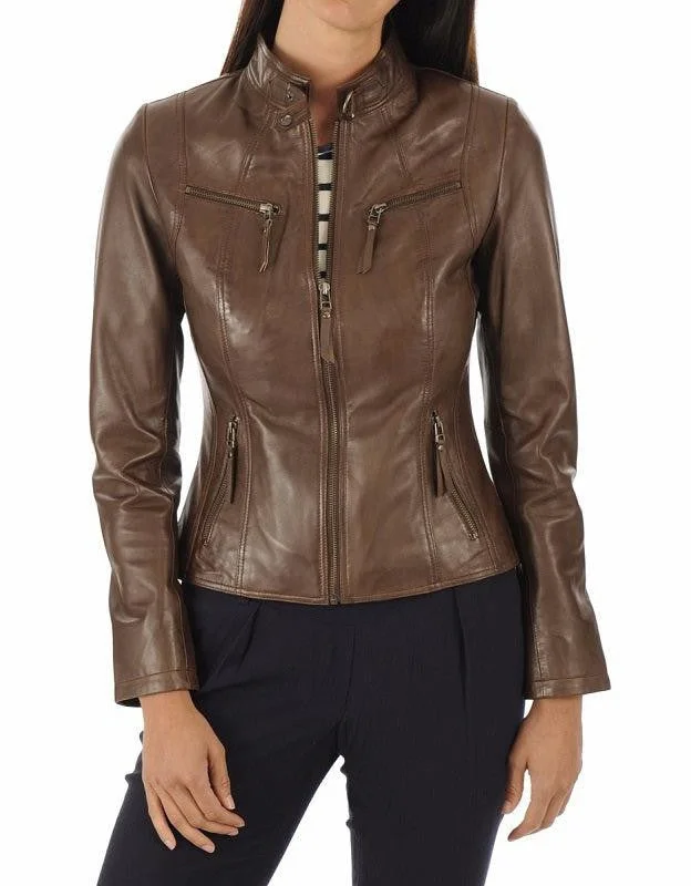 Mirage Brown Leather Biker Jacket Toggled Jacket Drawstring Jacket Belted Jacket