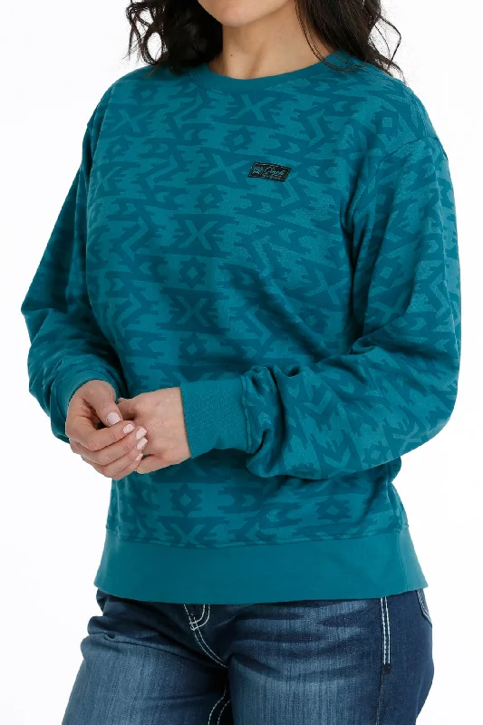 Cinch Women's Teal Pullover Round Neck Asymmetrical Neck Pullover