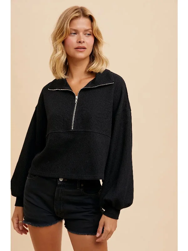 Cotton Thermal Half Zip Pullover - Black Bateau Neck Pullover