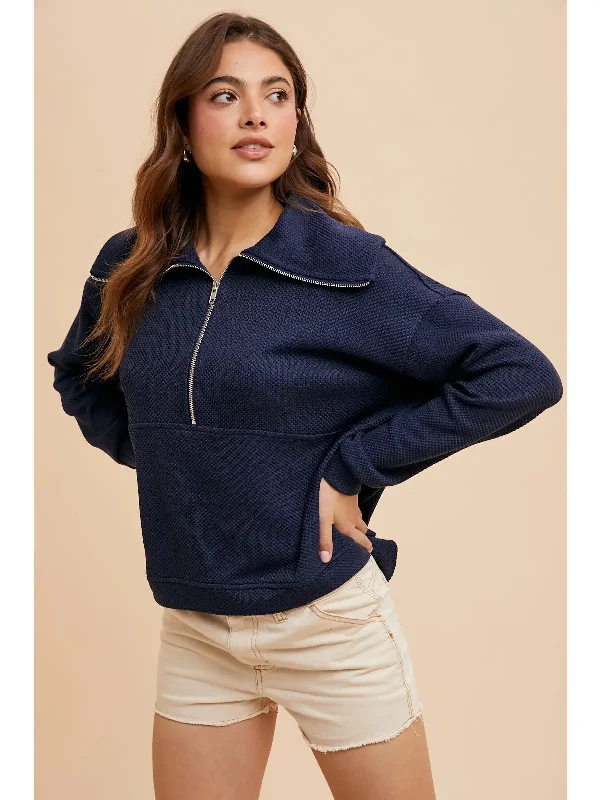 Exaggerated Lapel Quarter Zip Pullover - Navy Boat Neck Sweater