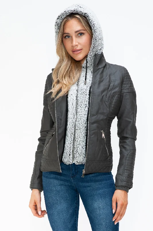 Hazel Blues® |  YMI Faux Layered Double-Zipper Jacket with Fuzzy Hood Knit Jacket Woven Jacket Fleece Jacket