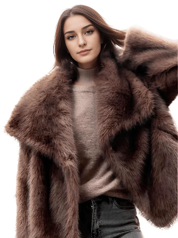 Women's Retro Oversized Collar Faux Fur Coat Winter Thick Warm Solid Color Furry Jacket Female High Street Outerwear Ribbed Jacket Pleated Jacket Ruffled Jacket