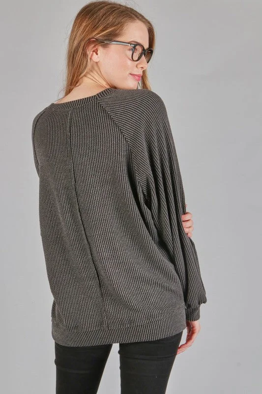 Black Corded Knit Pullover Elbow Length Sleeve