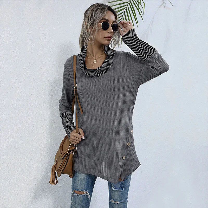 IKEARLAX Popular trade women's clothing popular autumn new pullover stack collar striped splicing bottoming shirt T-shirt women's leisure Hooded Pullover Sweater