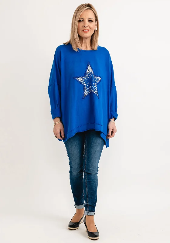 Seventy1 One Size Sequin Star Cotton Pullover, Royal Blue Slit Sleeve Stylish