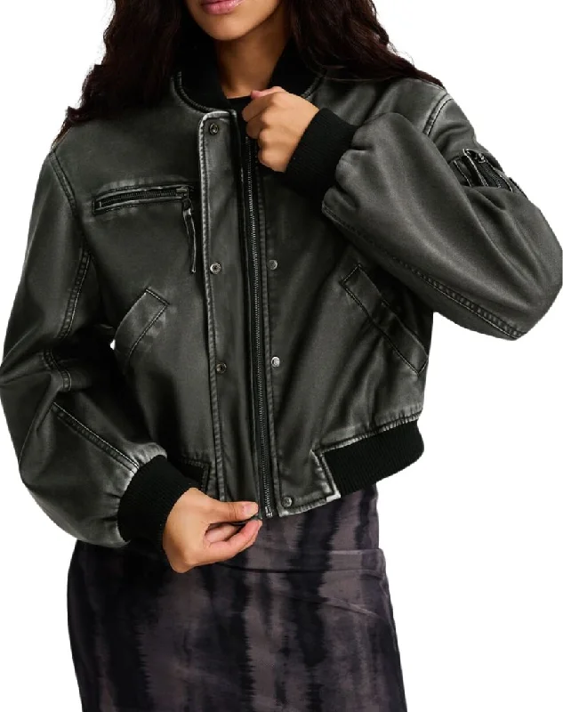 Women's Féline Vintage Black Bomber Leather Jacket Satin Fabric Silk Fabric Chiffon Fabric