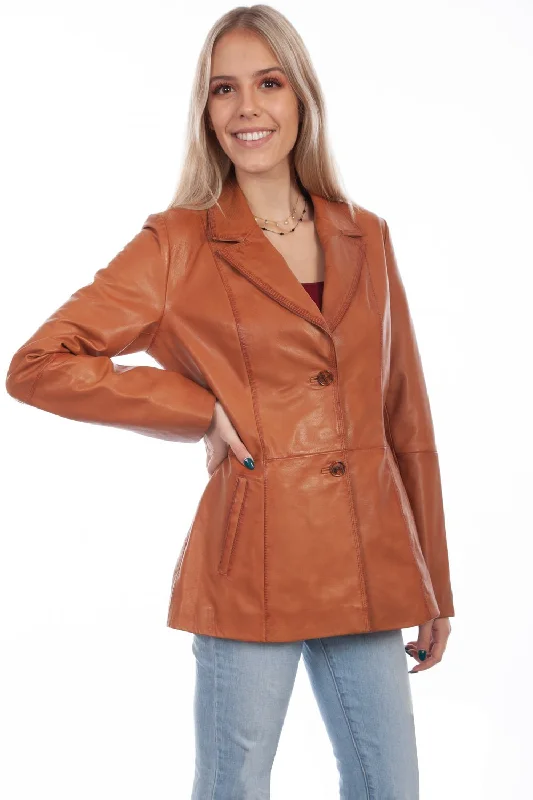 Scully Womens Cognac Lamb Leather Blazer Jacket Knit Fabric Woven Fabric Fleece Fabric