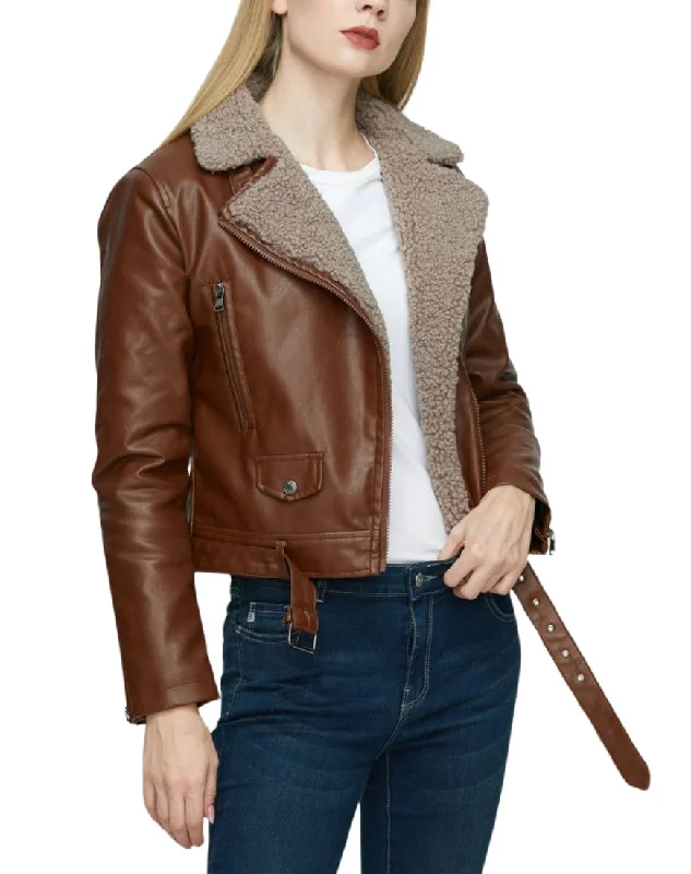 Arianna Faux Shearling Brown Biker Leather Jacket Satin Jacket Silk Jacket Chiffon Jacket