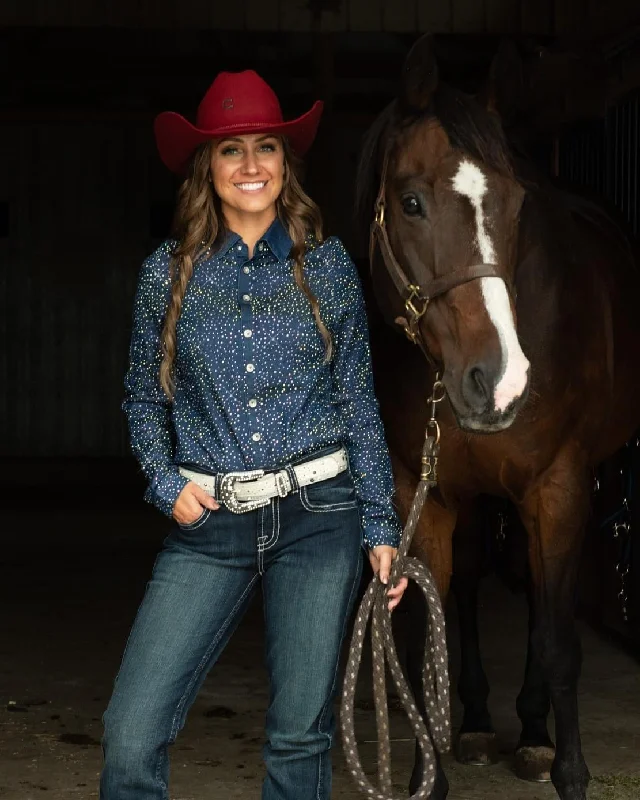 Cowgirl Tuff Denim Crystal Sparkle Sport Button-Up Pullover Wide Sleeve Pullover