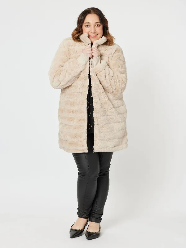 Princess Faux Fur Longline Jacket - Champagne Rayon Fabric Velvet Fabric Corduroy Fabric