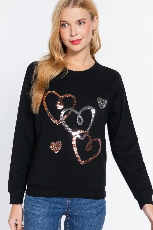 Sequins French Terry Pullover Top Button Front Sweater