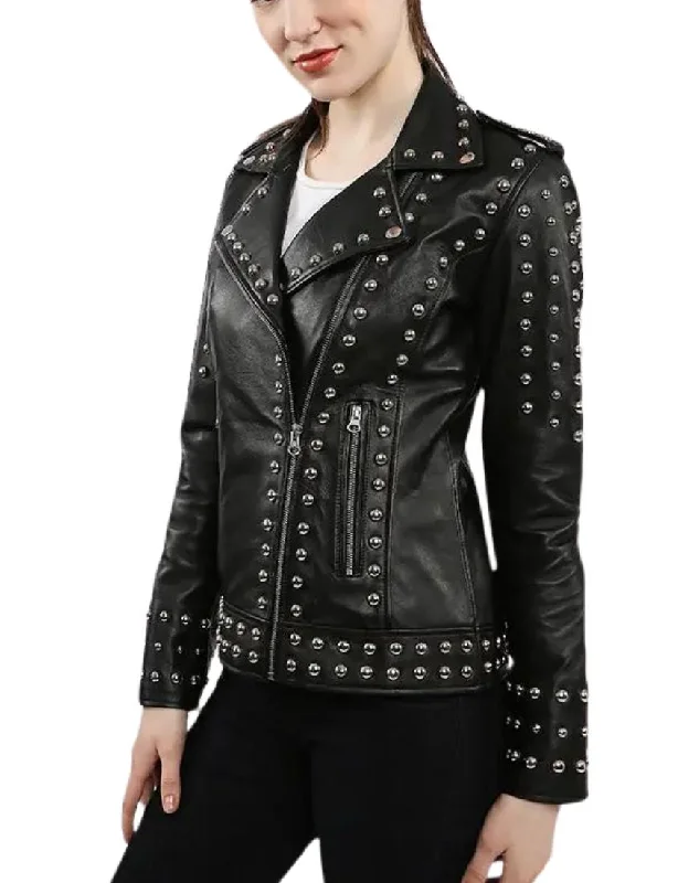 Eleonora Studded Black Biker Leather Jacket Hoodie Zip-Up Jacket Button-Up Jacket