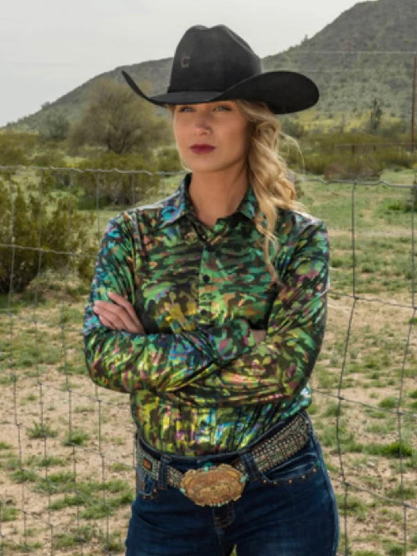 Cowgirl Tuff Foil Camo Sport Button-Up Pullover Tight Sleeve Top