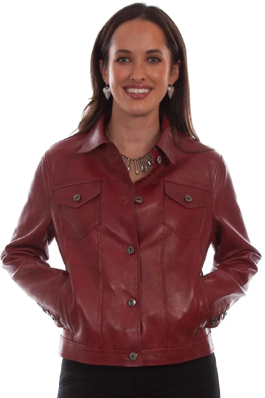 Scully Womens Red Lamb Leather Easy Fit Jacket Snapped Jacket Toggled Jacket Drawstring Jacket