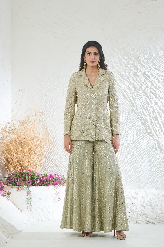 Sage Green Sharara With Short Style Kurta Jacket Chenille Jacket Brocade Jacket Lace Jacket