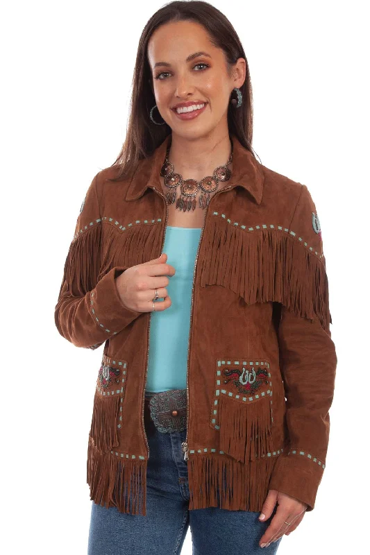 Scully Womens Brown Lamb Suede Leather Pick Stitch Fringe Jacket Chenille Fabric Brocade Fabric Lace Fabric