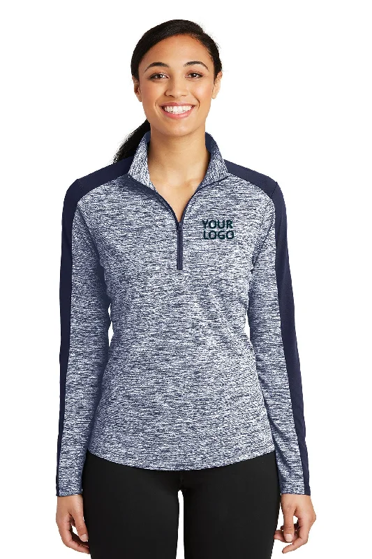 Sport-Tek Ladies PosiCharge Electric Heather Colorblock Custom 1/4-Zip Pullovers, True Navy Electric/ True Navy Bardot Neck Top