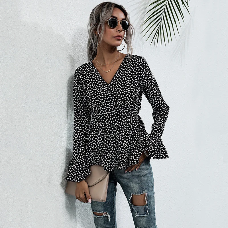 IKEARLAX New autumn new V-neck pullover polka dot horn long sleeve lace-up slim temperament 2025 shirt women Surplice Neck Pullover