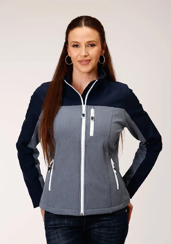 Roper Womens Navy/Grey Polyester Softshell Pieced Jacket Knit Jacket Woven Jacket Fleece Jacket