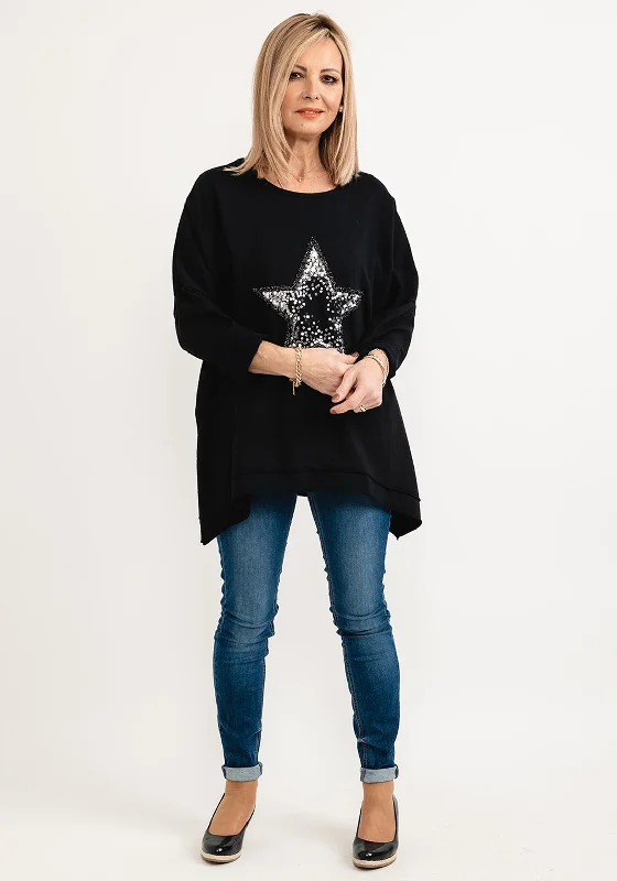 Seventy1 One Size Sequin Star Cotton Pullover, Black Ruffle Sleeve Feminine