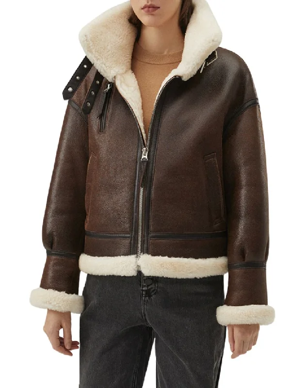 Sophia B-3 Faux Shearling Brown Bomber Leather Jacket Collared Jacket Crew Neck Jacket Turtle Neck Jacket